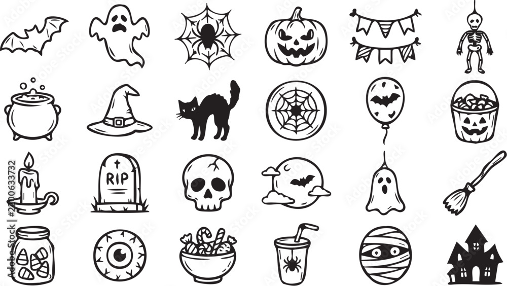 Fototapeta premium Halloween collection of hand drawn vector icons featuring spooky ghosts pumpkins skulls and decorative items for festive holiday graphic design