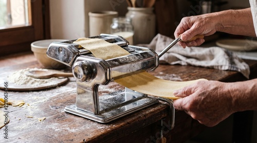Принти на полотні Elderly hands operate a vintage pasta maker to flatten dough for homemade noodle