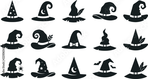 A diverse collection of black silhouette witch hats perfect for halloween designs spooky crafts and magical themed projects offering versatile options