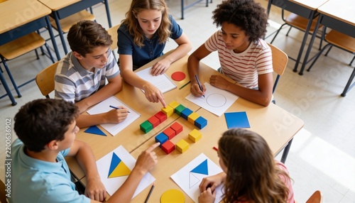 Working pupils in casual shirts arranging colored blocks at class table with worksheets and pencils