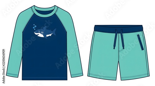 Kids Swimwear Set with Rash Guard and Trunks featuring Shark Print