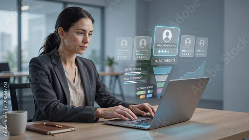 Professional woman using a laptop with a futuristic holographic interface for talent acquisition and recruitment management