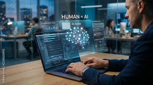 Professional working on laptop with ai agent interface showing data analysis and neural network visualization in modern office