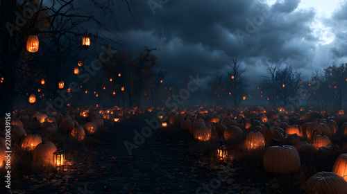 Halloween wallpaper, dark forest path lit by lanterns in a spooky pumpkin patch, ominous storm clouds gathering, orange and black color palette, 3D render style, crisp sharp focus