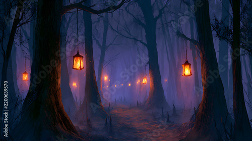 Halloween wallpaper, dark forest path lit by lanterns in a dense fog-covered swamp, quietly unsettling mood, classic Halloween orange black purple palette