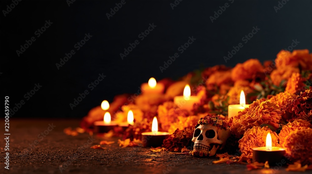 Fototapeta premium Marigold flowers and candles arranged for memorial with floral skull accent