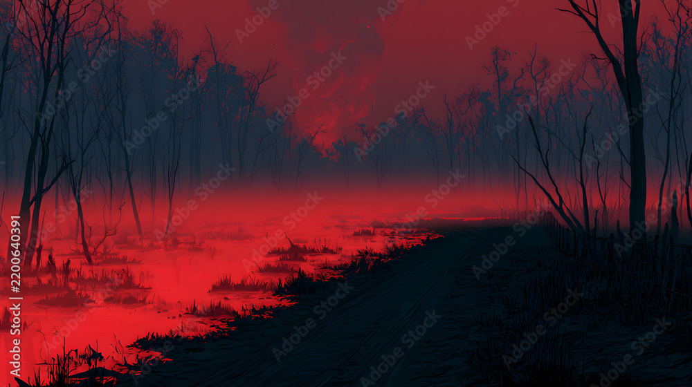 Obraz premium Halloween wallpaper, dark swamp with glowing fog along a dark country road, playful spooky Halloween spirit, blood red and charcoal palette, gothic illustration style, high resolution