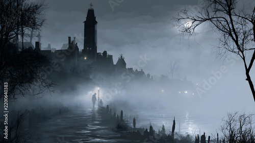 Halloween wallpaper, dark swamp with glowing fog in an old haunted town, ghostly cold mist in the air, ghostly grey and white tones, comic book horror style, wide cinematic composition