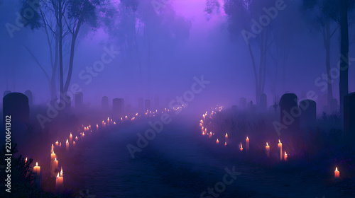Halloween wallpaper, foggy cemetery with floating candles along a dark country road, eerie and chilling atmosphere, shadowy violet and black palette, 3D render style, soft eerie fog effect