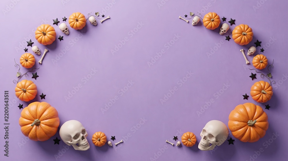 Fototapeta premium Halloween border frame with pumpkins and skulls on a purple background