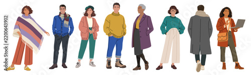 Autumn fashion scene, colorful, stylish, diverse group walking together. Each person wears cozy, seasonal outfits, tailored to the season. Warm tones, earthy hues. Individuals show calm, confident
