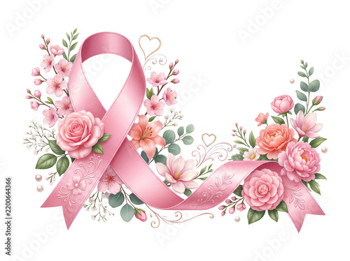 Pink ribbon breast cancer awareness symbol with flowers