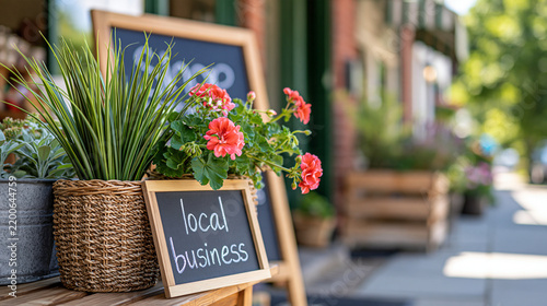 Generic shop sign supporting local business displayed outside a neighborhood storefront, community commerce, independent retail, local entrepreneurship, with copy space