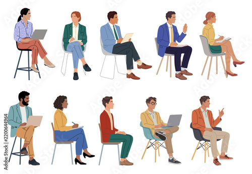 Diverse professionals seated in modern office chairs. Each person engaged with laptops or documents. Neutral expressions suggest focus or collaboration. Illustration style suits business, education