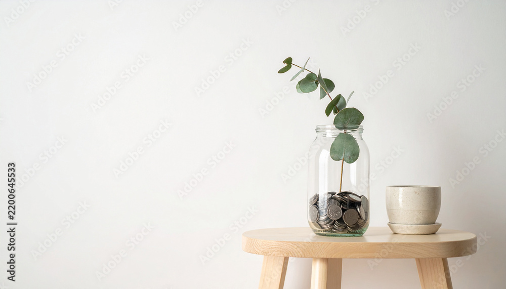 Obraz premium A glass jar filled with coins and a green eucalyptus sprig sits on a wooden stool. This minimalist concept of investment growth features no people, evoking feelings of financial hope and peace.