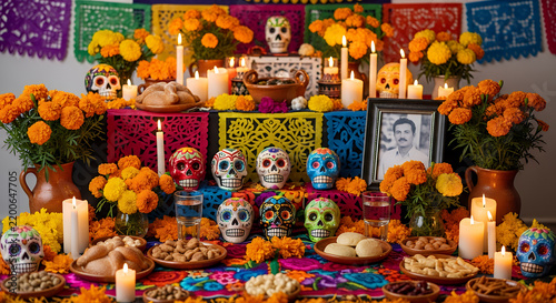 Traditional Dia de los Muertos altar with sugar skulls, marigold flowers and candles in Mexico