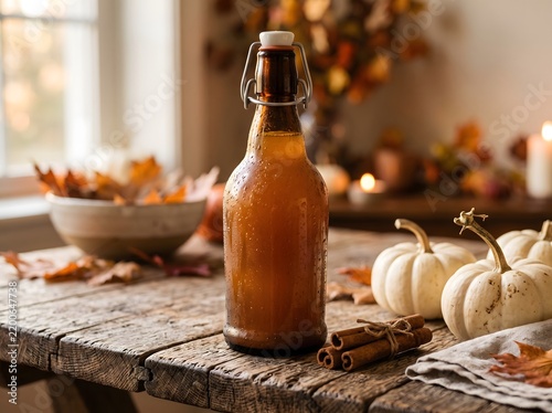 Cider Bottle with Condensation on a Rustic Wooden Table with White Pumpkins Cinnamon Sticks and Fall Leaves for Autumn Seasonal Beverage Marketing and Cozy Thanksgiving Food Concepts
