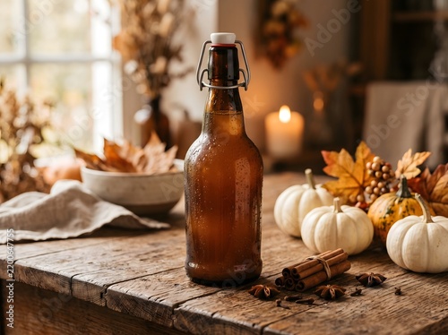 Cider Bottle with Swing Top Cap on a Rustic Wooden Table Surrounded by White Pumpkins Cinnamon Sticks and Autumn Decor for Seasonal Drink Promotions and Fall Harvest Culinary Marketing Concepts