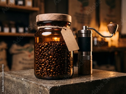Coffee Beans Stored in an Amber Glass Storage Jar with Blank Craft Label Beside Manual Hand Grinder on Rustic Stone Counter for Specialty Cafe Branding and Artisan Beverage Packaging Presentation