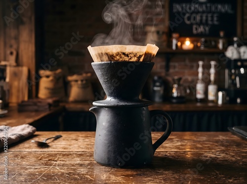 Coffee Brewing in a Black Ceramic Pour over Dripper on a Rustic Wooden Table with Rising Steam in a Warm Cafe Setting for Artisan Drink Menus Hospitality Branding and Lifestyle Advertisements