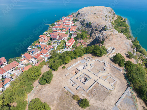 Albania Lin village top view medieval basilica, over rock