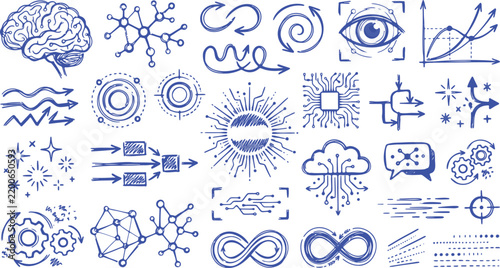Brain and technology icons hand drawn in blue ink form a diverse set of science and digital symbols representing artificial intelligence and data networks on a solid background.
