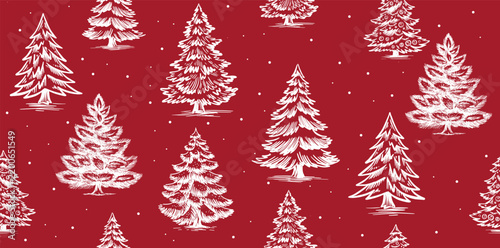 Christmas tree pattern on red. Hand drawn illustration.	
