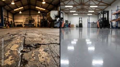 Before and after comparison of an old, damaged concrete floor and a new, smooth epoxy resin floor in an industrial warehouse setting