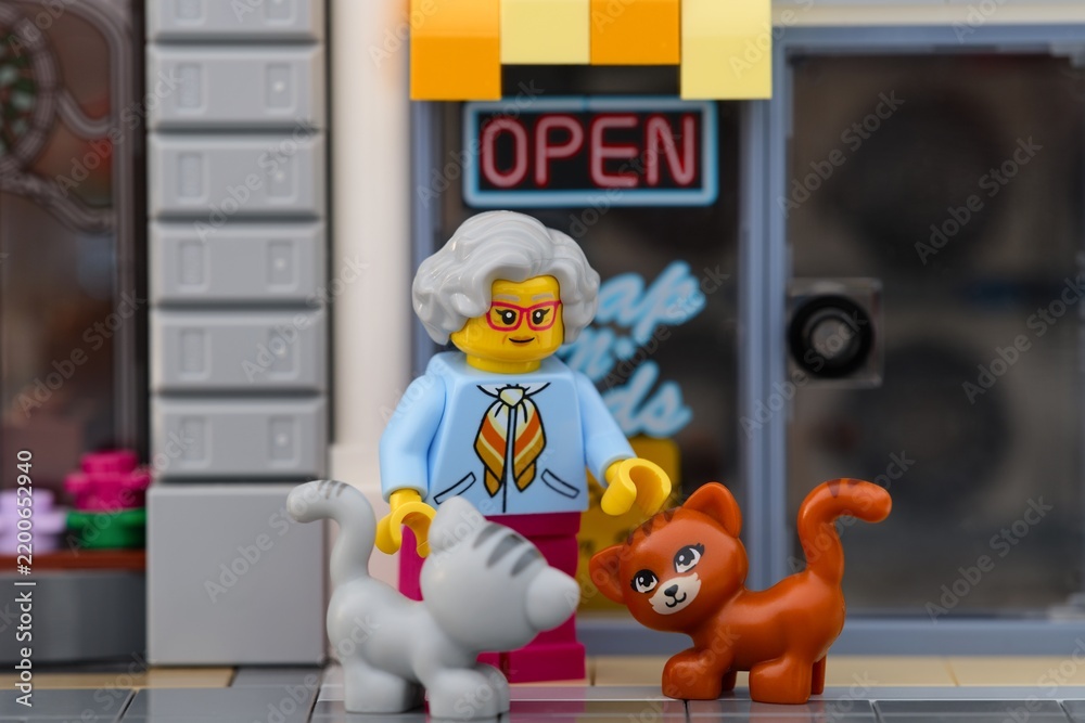 Fototapeta premium Tambov, Russian Federation - September 19, 2026 A Lego grandmother minifigure standing on a sidewalk in front of a shop, smiling at a grey cat and an orange cat.