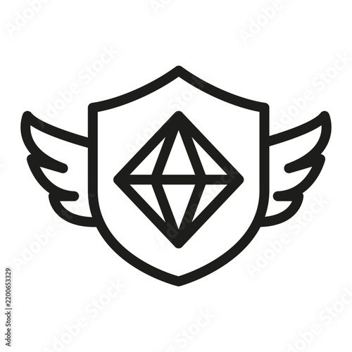 Diamond shield wing fly protect security gem line icon vector