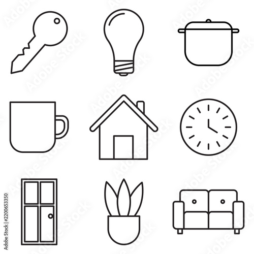 Home furniture object item icon set outline vector