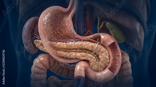 3d anatomical illustration showing the human stomach, pancreas, and surrounding digestive organs in clear detail.
