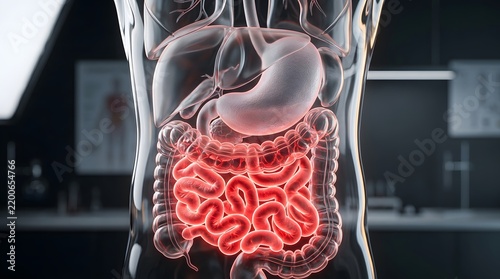 3D rendering of the human digestive system highlighting the small intestine in a transparent body model.