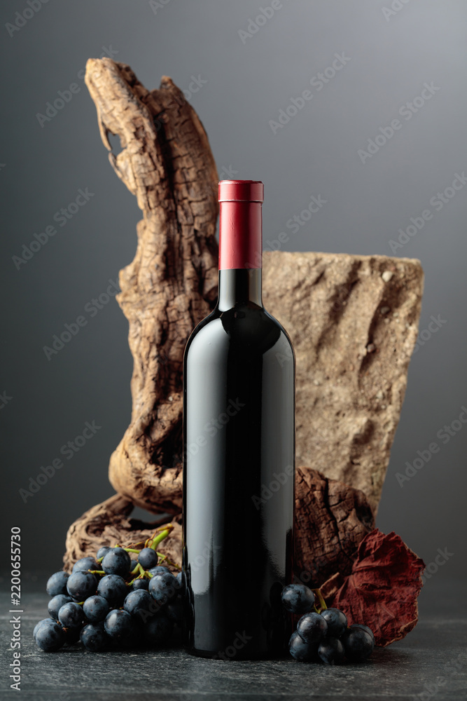 Obraz premium Bottle of red wine with stone, dried snags, and blue grapes.