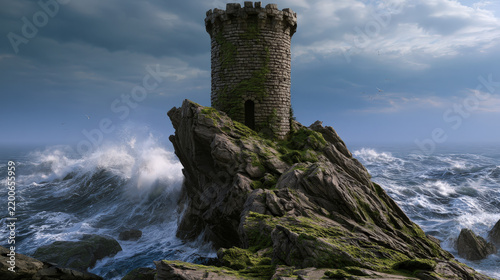 Majestic Medieval Stone Watchtower on a Rugged Cliff Edge Overlooking a Stormy Sea, Moss on Ancient Bricks, Dramatic Lighting, , ,