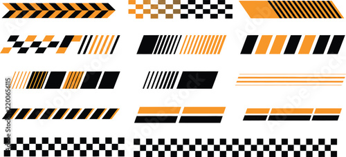Racing stripes sports car decals set, black orange speed lines check flag pattern graphic elements, motorsport rally livery vector illustration.