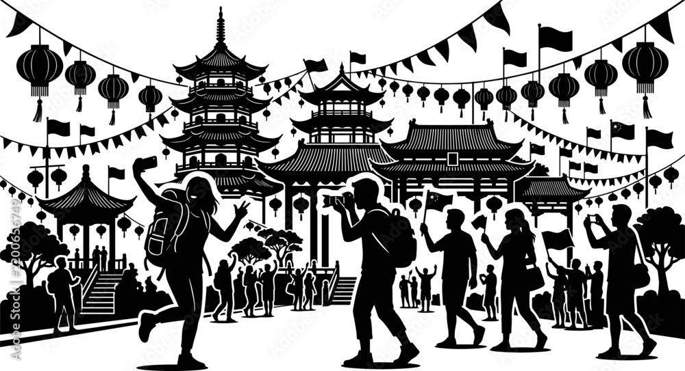 Fototapeta premium Tourists silhouette vector illustration with Chinese architecture, temples, lanterns and flags