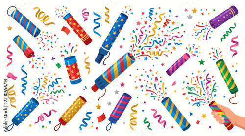 фотографія Colorful party poppers and confetti are scattered across a white background in t