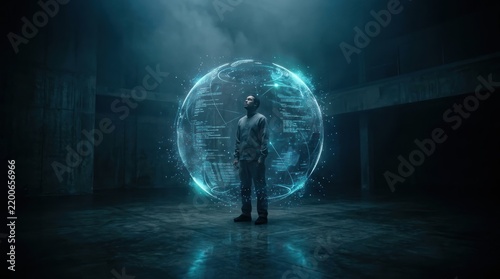 man standing in futuristic space with digital globe