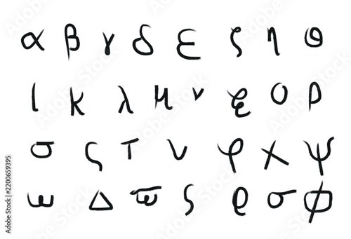 Foto Handwritten greek alphabet letters arranged in rows on a plain white background