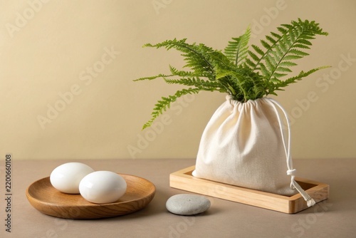 A minimalist still life featuring a small white fabric pouch with a green fern