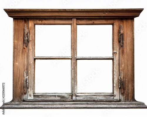 An antique rustic wooden window frame isolated on a plain white background