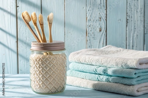 A Close-up Eye-level Shot of Rustic Bamboo Toothbrushes and Towels