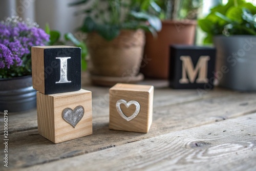 Close-up shot of wooden blocks with heart and letter symbols on a rustic table