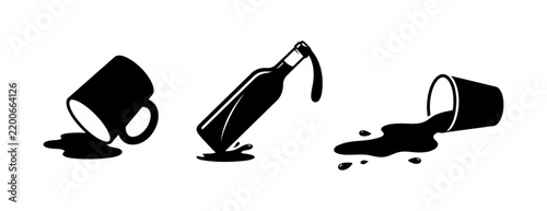 Set of three black silhouettes of tipped over cup and bottle with liquid spill spilled drink spilled coffee broken bottle spill icon black silhouette graphic icon hazard sign