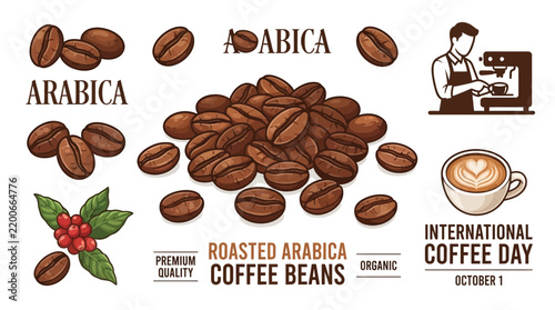 Set of Roasted Arabica Coffee Beans Illustrations with Barista and Latte Art Cup