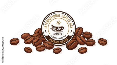 International Coffee Day Vector Illustration with Roasted Arabica Beans and Circular Emblem Design