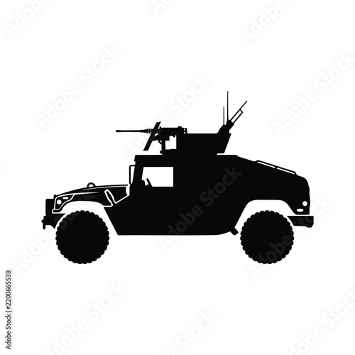 Fotografie Armored military vehicle silhouette black design element for war and combat force theme