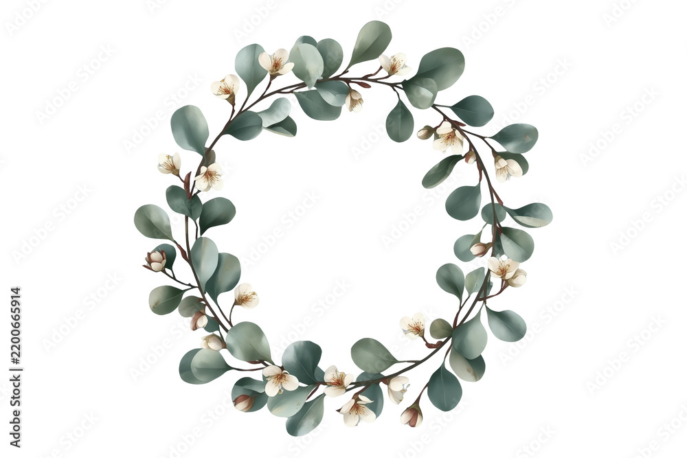 Naklejka premium Fine eucalyptus ring with scattered cream blooms