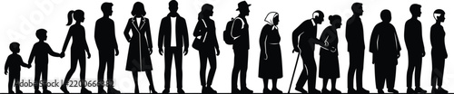 Human Life Stages from Childhood to Old Age People Lineup Silhouette Vector Illustration
